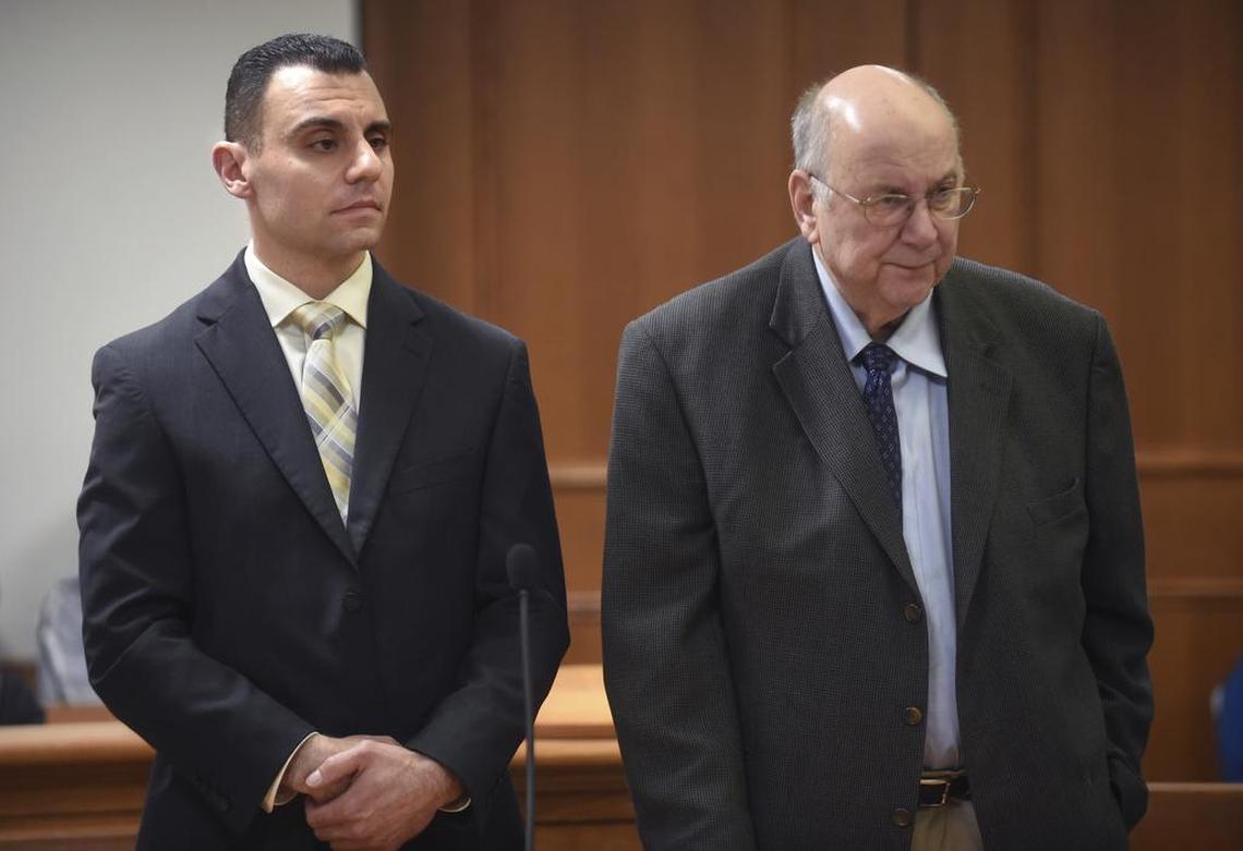 Richard Dabate, left, stands with his attorney Hubert J. Santos at his pre-trial hearing May 26, 2017 in Vernon, Conn. Debate is charged with killing his wife, Connie, in their Ellington home in 2015. Connecticut State Police said data from Connie Dabate’s Fitbit device helped establish a timeline in her death.