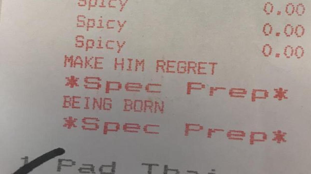 Logan Doan of Jacksonville, Fla. did a doubletake when he got this receipt last week at Hawkers Asian Street Fare. He did ask for it, though.