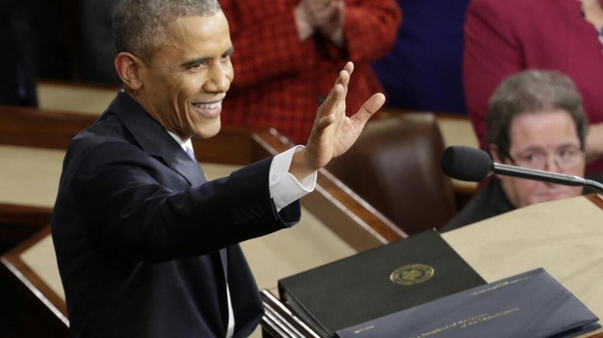 President Barack Obama waves before giving his State of the Union address in January 2015 before a joint session of Congress. Obama will deliver his final State of the Union address on Tuesday, Jan. 12, 2016, to a nation with a burgeoning job market, flat wages and two things that to the president’s dismay are rising: global temperatures and Americans’ concerns about terrorism.