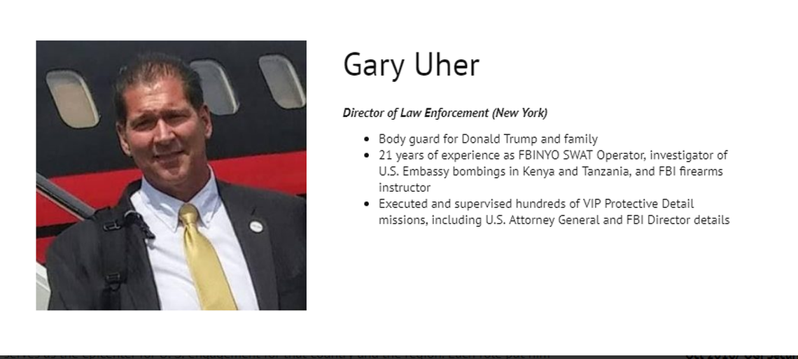 This screenshot from the website of the security firm OGI Security shows Gary Uher’s biography, including his time as a bodyguard for Donald Trump and his long career at the FBI.