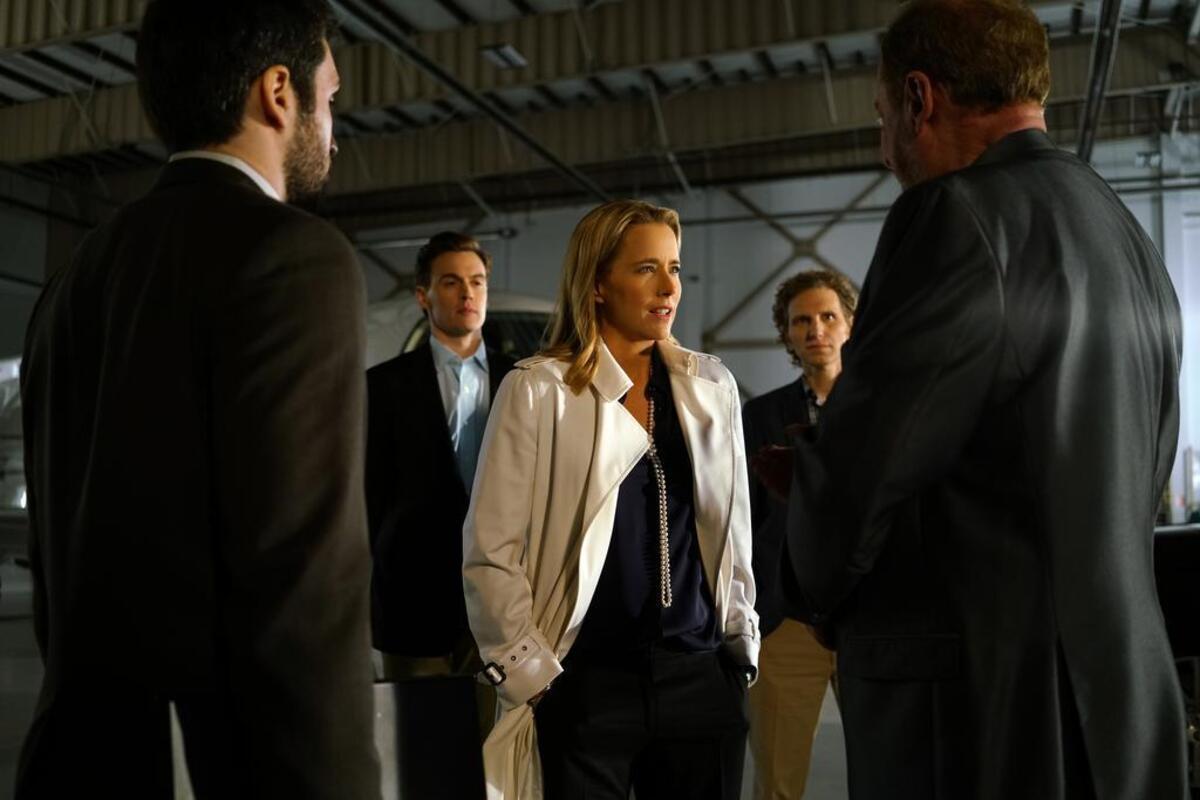 This image released by CBS shows, from left, Jason Bowen as Anis Musse, Erich Bergen as Blake Moran, Tea Leoni as Elizabeth McCord, Sebastian Arcelus as Jay Whitman, and Elya Baskin as Dito Pirosmani in a scene from “Madam Secretary.” Writing TV shows based on real life in Washington has always been a challenge. But since Donald Trump became president, writers of such series as “Madam Secretary,” “House of Cards” and “Veep” say their job is tougher than ever. The twists and turns of the Trump administration keep the writers on their toes as they attempt to create their own make-believe plot twists that won’t seem dull by comparison.