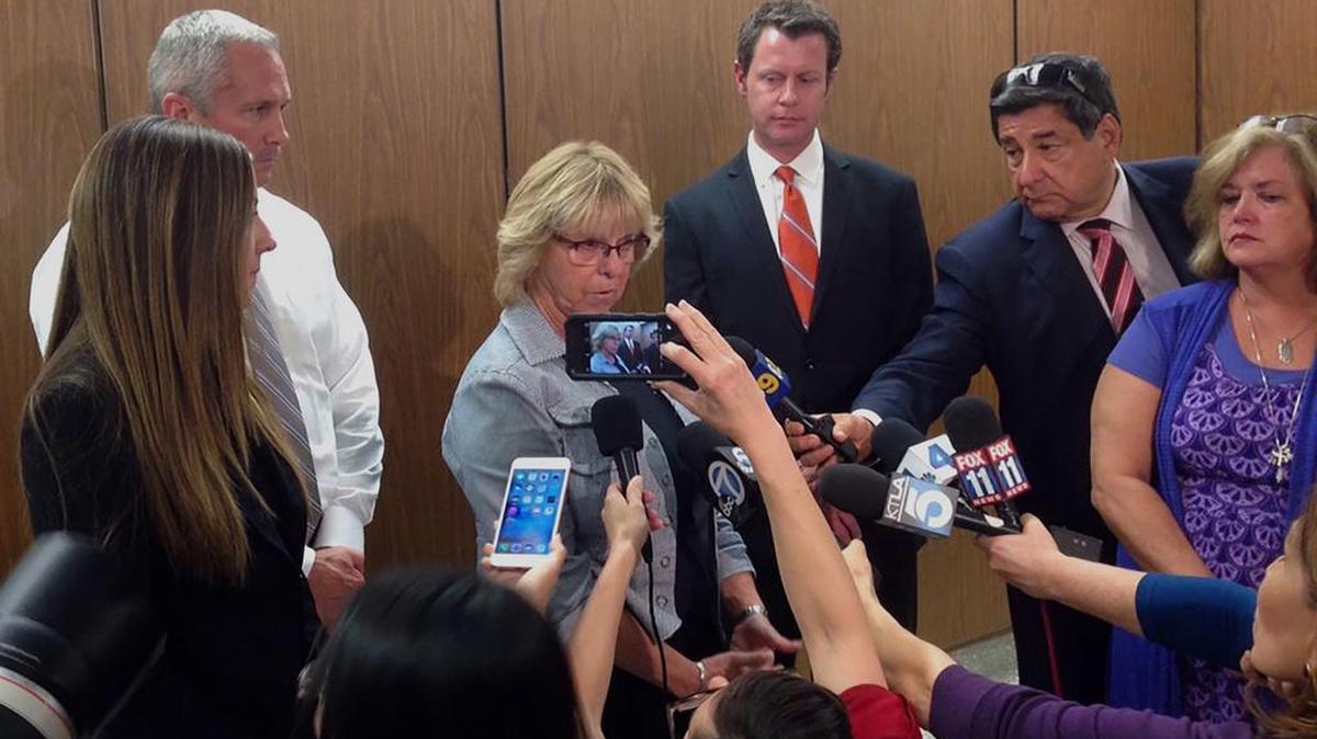 April Rovero, the mother of victim Joey Rovero, speaks to reporters after Dr. Hsiu Ying "Lisa" Tseng was convicted of second-degree murder in his death and the killings of two other patients who died of drug overdoses from pills she prescribed, in Los Angeles Oct. 30, 2015.