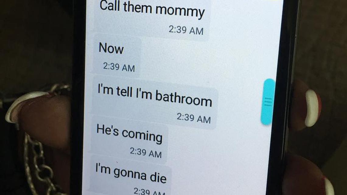 Mina Justice shows a text message she received from her son, Eddie Justice, who died in a mass shooting at Pulse nightclub in Orlando, Fla., Sunday.