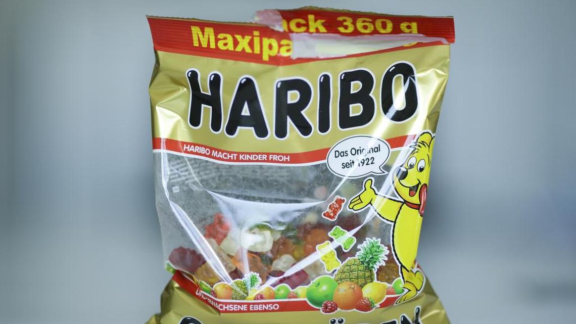 A package with Haribo gummy bears is photographed in Berlin, Germany, Friday, 24, 2017. (AP Photo/Markus Schreiber)