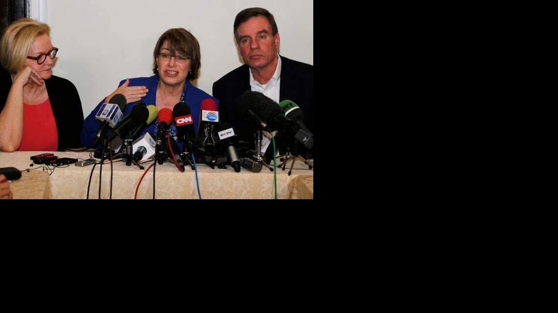 
Minnesota Sen. Amy Klobuchar speaks at a press conference with fellow Sens. Claire McCaskill of Missouri, left, and Mark Warner of Virginia in Havana, Cuba, Feb. 17, 2015. The delegation was in Cuba in support of a bill Klobuchar is sponsoring to lift the U.S. trade embargo on Cuba.
