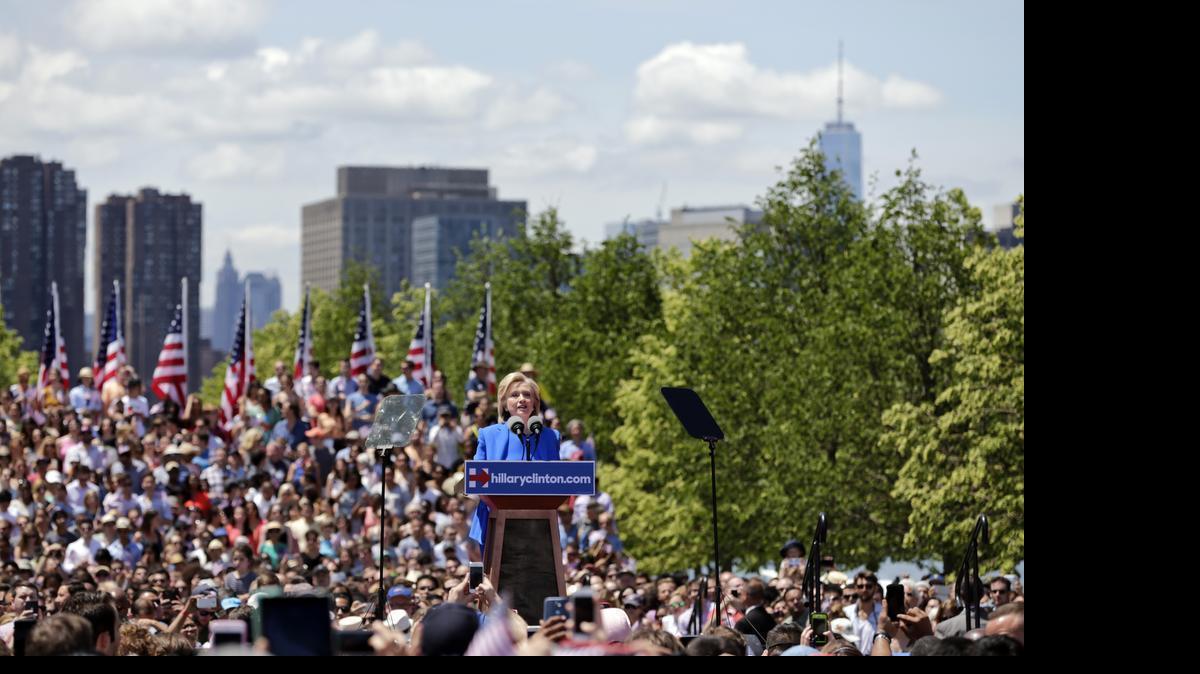 
Democratic presidential candidate, former Secretary of State Hillary Rodham Clinton speaks to supporters Saturday, June 13, 2015, on Roosevelt Island in New York, in a speech promoted as her formal presidential campaign debut. 
