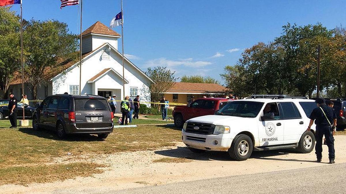 Emergency personnel respond to a fatal shooting at a Baptist church in Sutherland Springs, Texas.