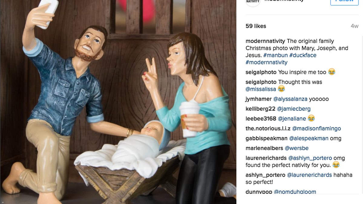 Joseph, Jesus and Mary pose for a selfie as part of the Hipster Nativity Set created by brothers Corey and Casey Wright. The set sells for $129.99 on ModernNativity.com.