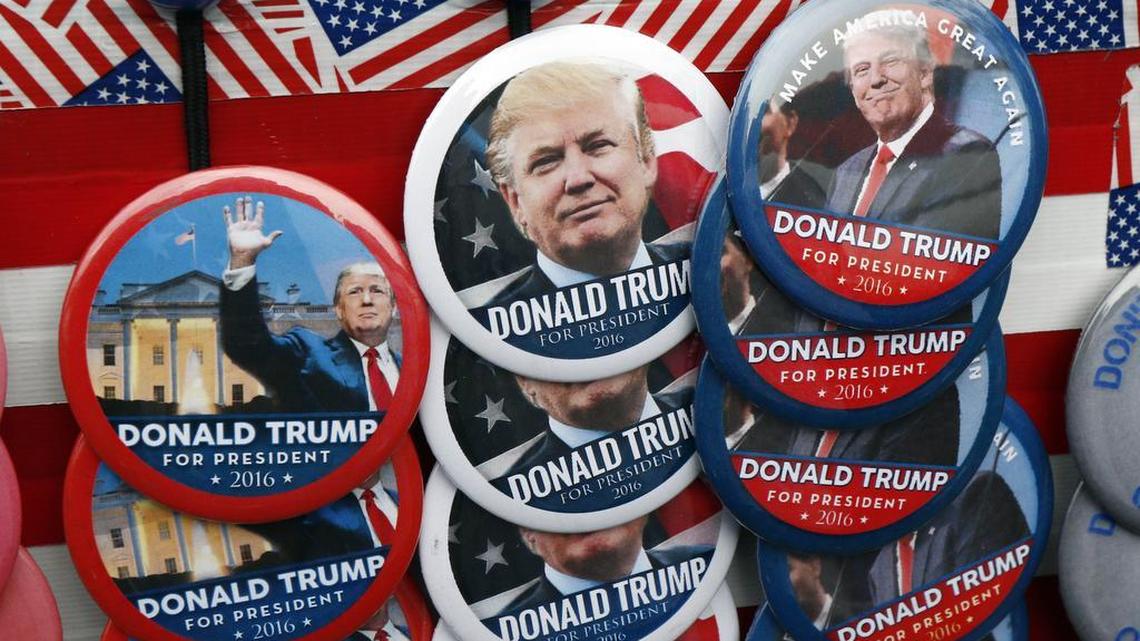 Buttons showing Republican presidential candidate Donald Trump are seen on Saturday before a rally featuring Trump in Biloxi, Miss. While Trump has made plenty of headlines on the campaign trail, the story of his late older brother, Freddie Trump, remains seldom told.