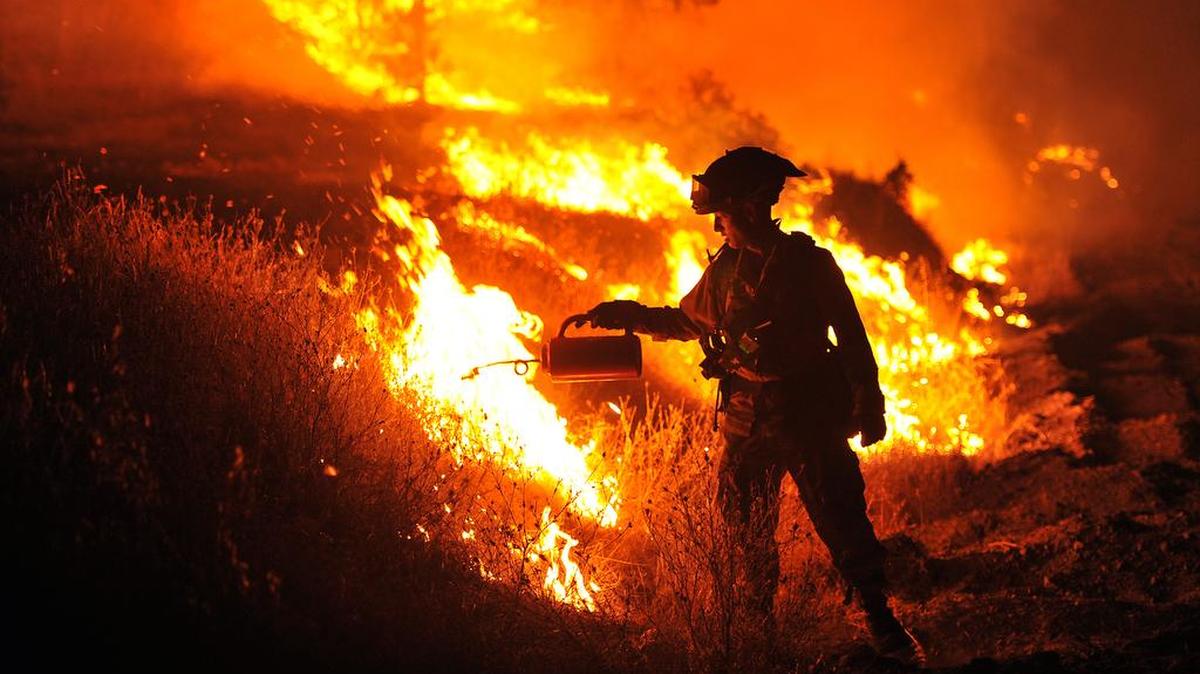 
CalFire firefighter Bo Santiago lights a backfire as the Rocky fire burns near Clearlake, Calif., on Monday, Aug. 3, 2015. 
