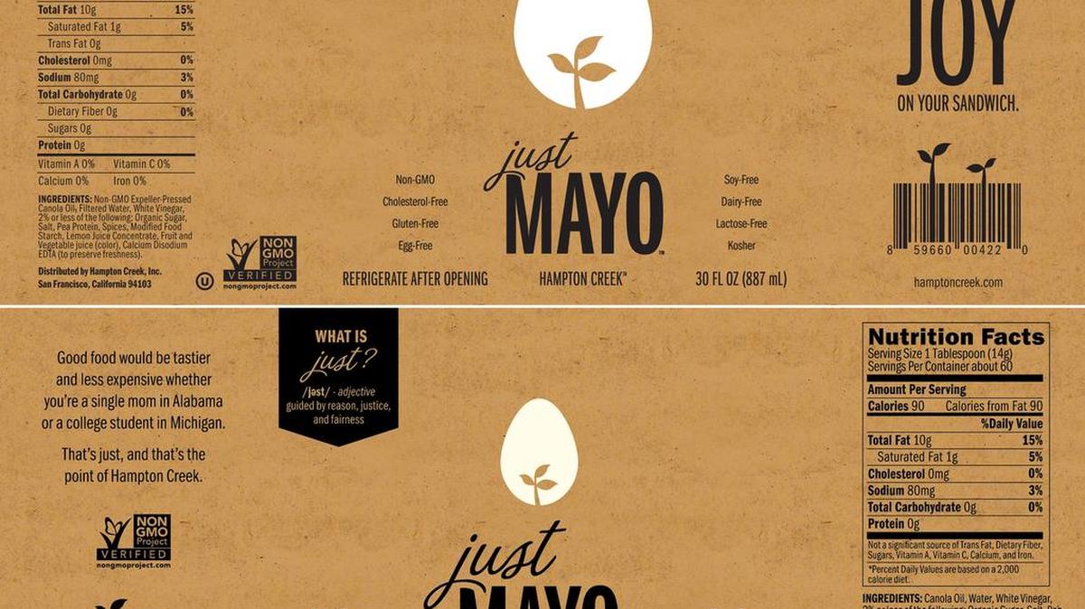 This photo provided by Hampton Creek shows a photo combination of the current Just Mayo label, top, and the new Just Mayo label, bottom. After months of negotiations, Just Mayo’s maker Hampton Creek says it has worked out an agreement with the Food and Drug Administration that lets the eggless spread keep its name, as long as a few changes are made to its label. The resolution comes after the FDA sent a warning letter to Hampton Creek in August 2015 saying Just Mayo was misbranded because mayonnaise is defined as having eggs.