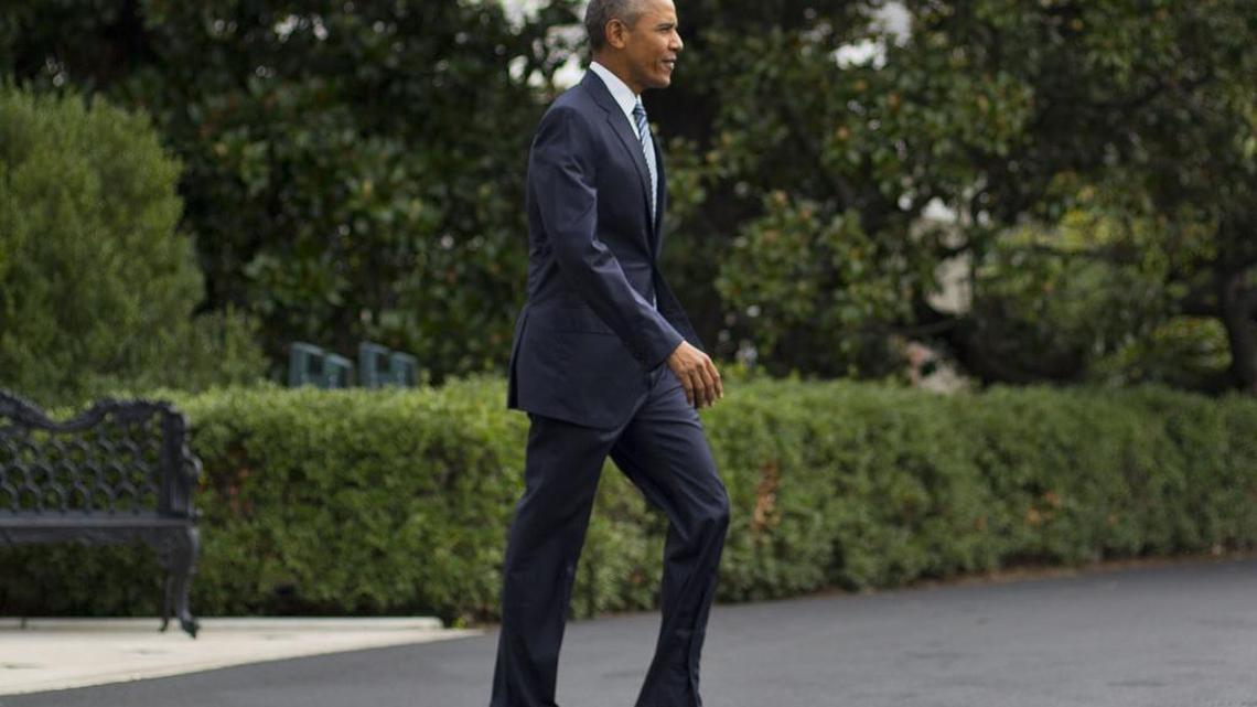 
President Barack Obama, walking to the South Lawn of the White House in Washington, Monday, Aug. 31, 2015.
