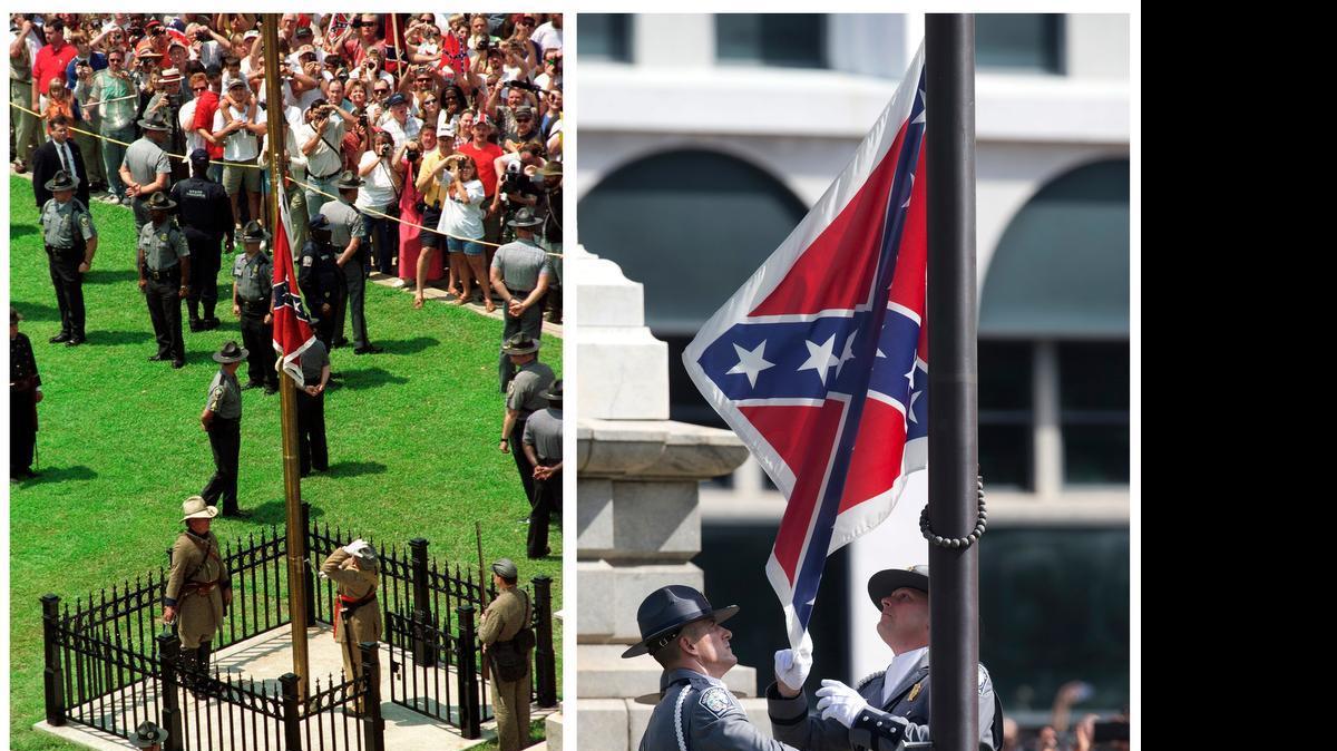 
 In this photo combination, the Confederate battle flag is raised in front of the South Carolina State House in Columbia, S.C., on July 1, 2000, left, and the same flag is taken down on July 10, 2015, right, ending its presence on the Capitol grounds. The flag’s removal seemed unthinkable before the June 17 massacre of nine black parishioners at a Charleston church during a Bible study. Dylann Roof, a white man who was photographed with the Confederate flag, is charged in the shooting deaths, and authorities have called the killings a hate crime.
