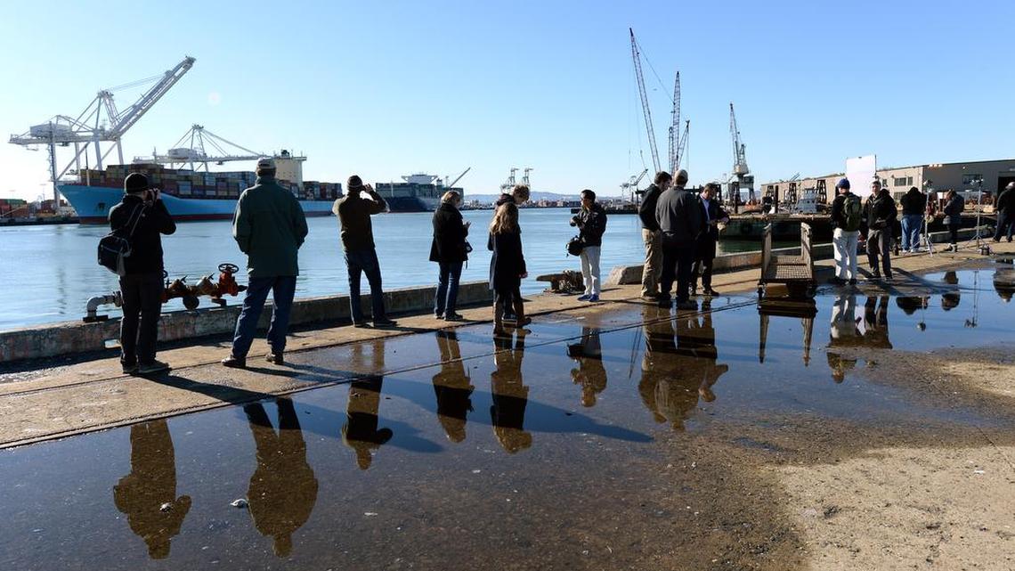The megaship CMA CGM Benjamin Franklin pulls into Port of Oakland in Oakland, Calif., on Dec. 31, 2015. The ship is nearly a quarter-mile long and is the biggest cargo ship ever to visit the United States.