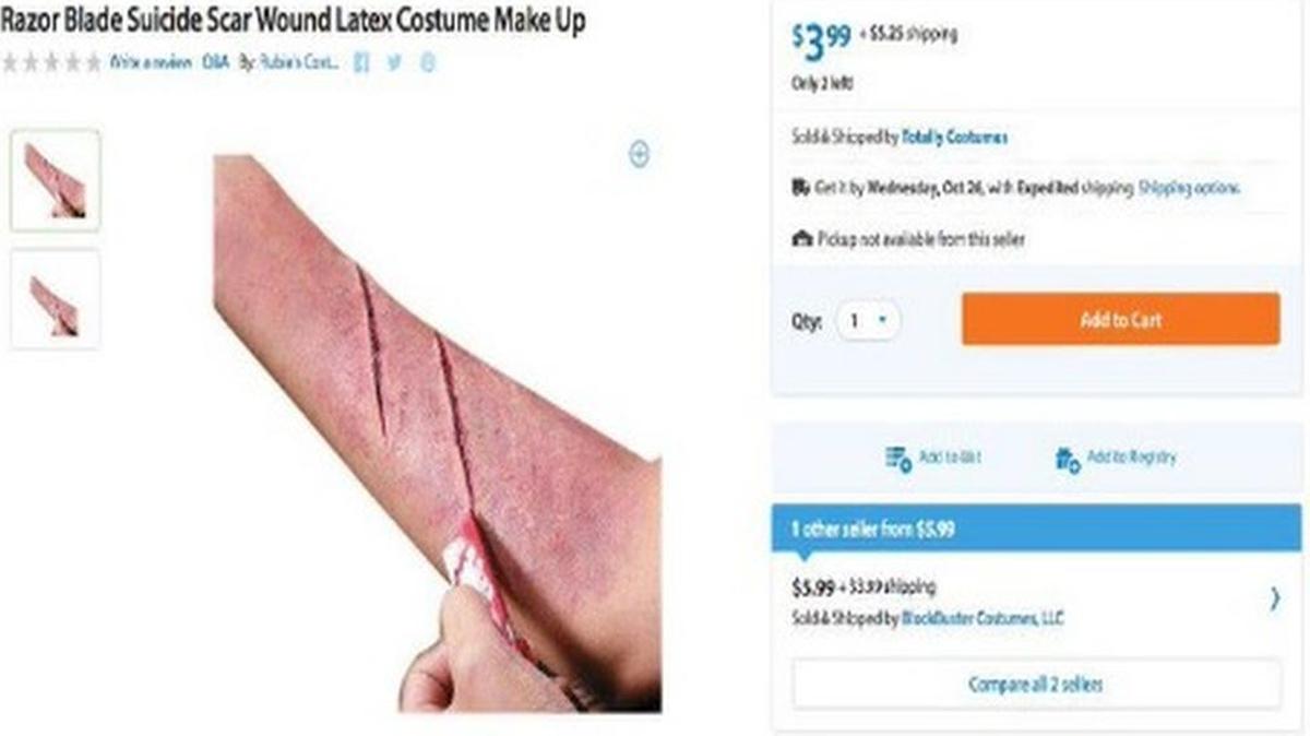 Wal-Mart has removed the “Razor Blade Suicide Wound Latex Costume Make Up” from its online store.