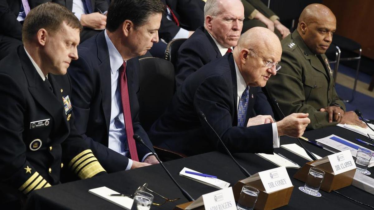 From left, National Security Agency Director Adm. Michael Rogers, FBI Director James Comey, Director of the National Intelligence James Clapper, CIA Director John Brennan, and Defense Intelligence Agency Director Lt. Gen. Vincent Stewart, participate in the Senate Intelligence Committee's hearing on worldwide threats, Tuesday, Feb. 9, 2016, on Capitol Hill in Washington.
