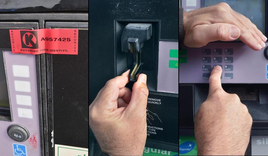 To combat card skimmers when using a credit or debit card at the gas pump, make sure the security sticker on the front access panel of the pump is unbroken and look for pry marks around the panel.