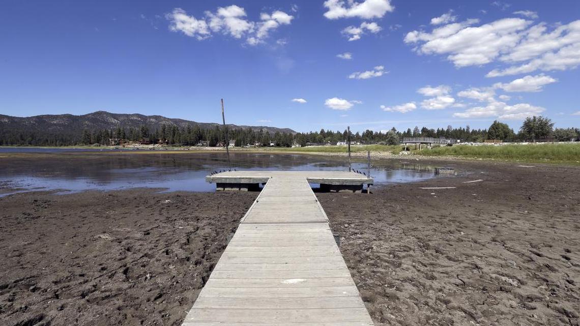 
FILE - This Monday, Aug. 24, 2015 file photo shows the lake bed where water has dried due to the drought at Big Bear Lake, Calif. 

