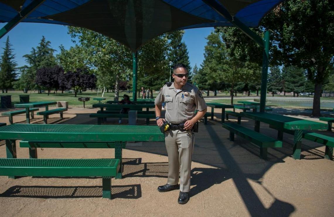 California Highway Patrol officer Edwin Lopez returns to North Laguna Creek Park in Elk Grove where he slept while homeless in 2012.