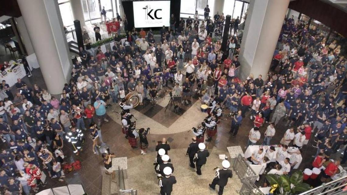 
Kansas and Missouri firefighters, friends, family and supporters gathered in 2011 for the first Kansas City 9/11 Memorial Stair climb at the Town Pavillion in downtown Kansas City.
