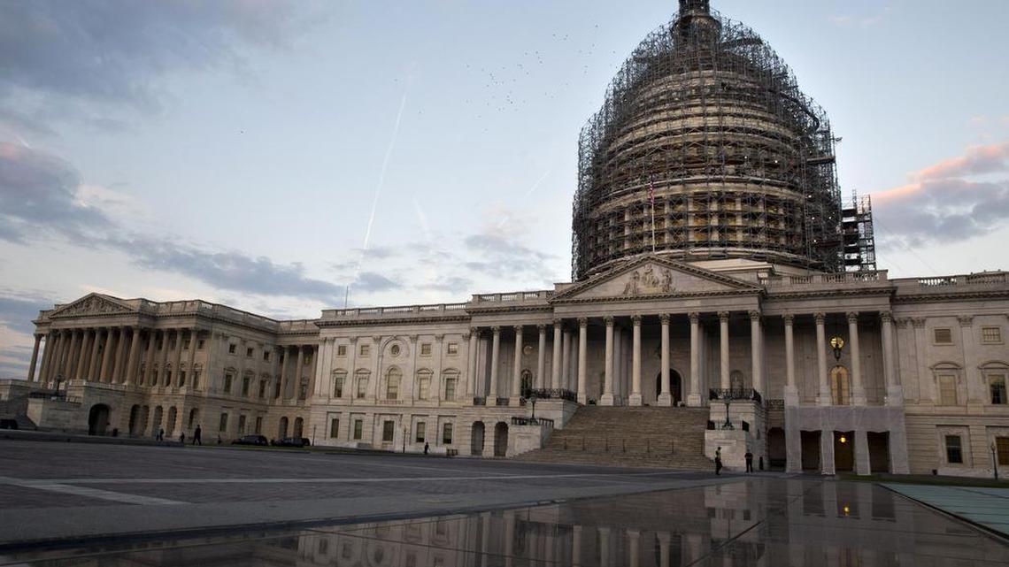 
A flock of birds flies over the House side of the Capitol in the early morning in Washington, Oct. 8, 2015. 
