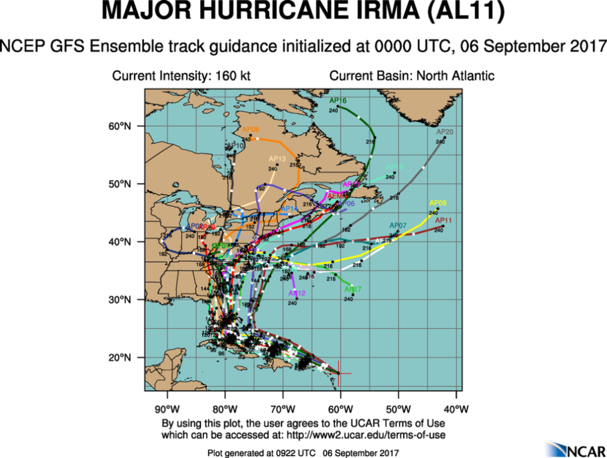 The National Center for Atmospheric Research puts together several predictions about Hurricane Irma’s eventual path through mainland U.S.