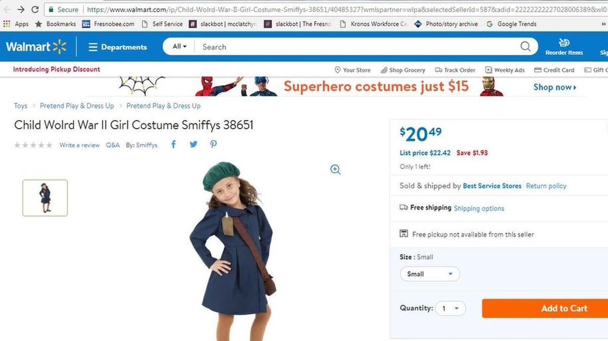 Screen shot of a child’s World War II costume available at Walmart.com. The site was listed as a Anne Frank costume by other online retailers.