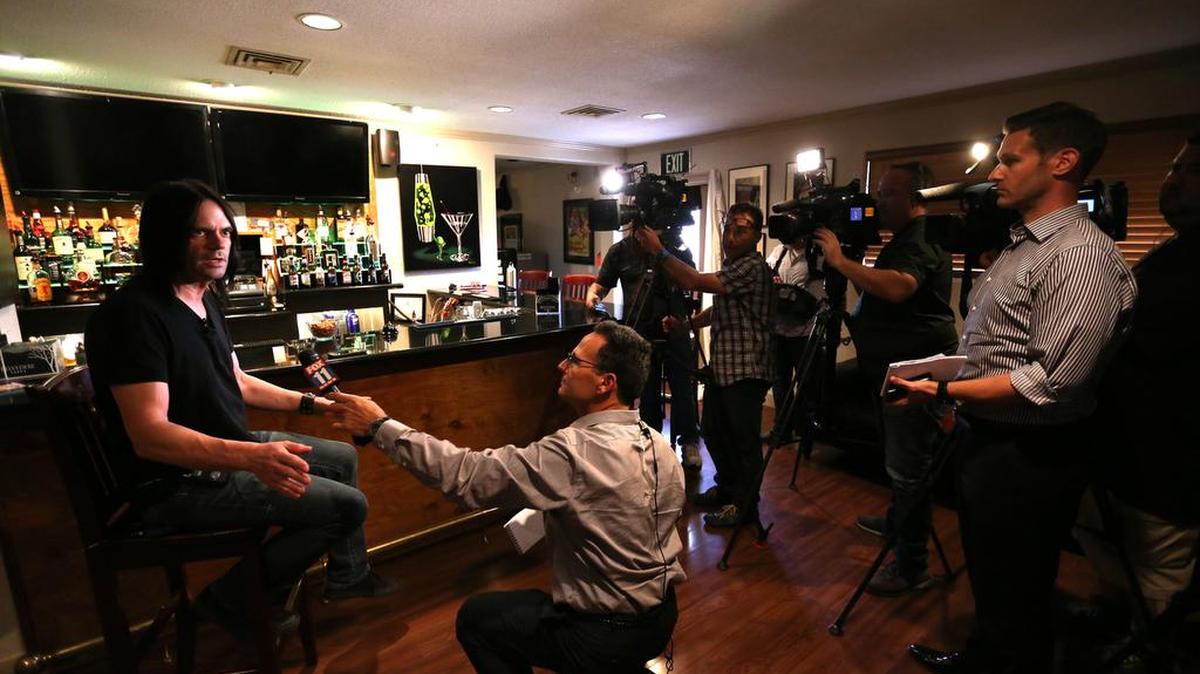 
Richard Hunter, media assistant for Hof’s Love Ranch, is interviewed by the media at the brothel where NBA star Lamar Odom was found unconscious on Wednesday, Oct. 14, 2015.
