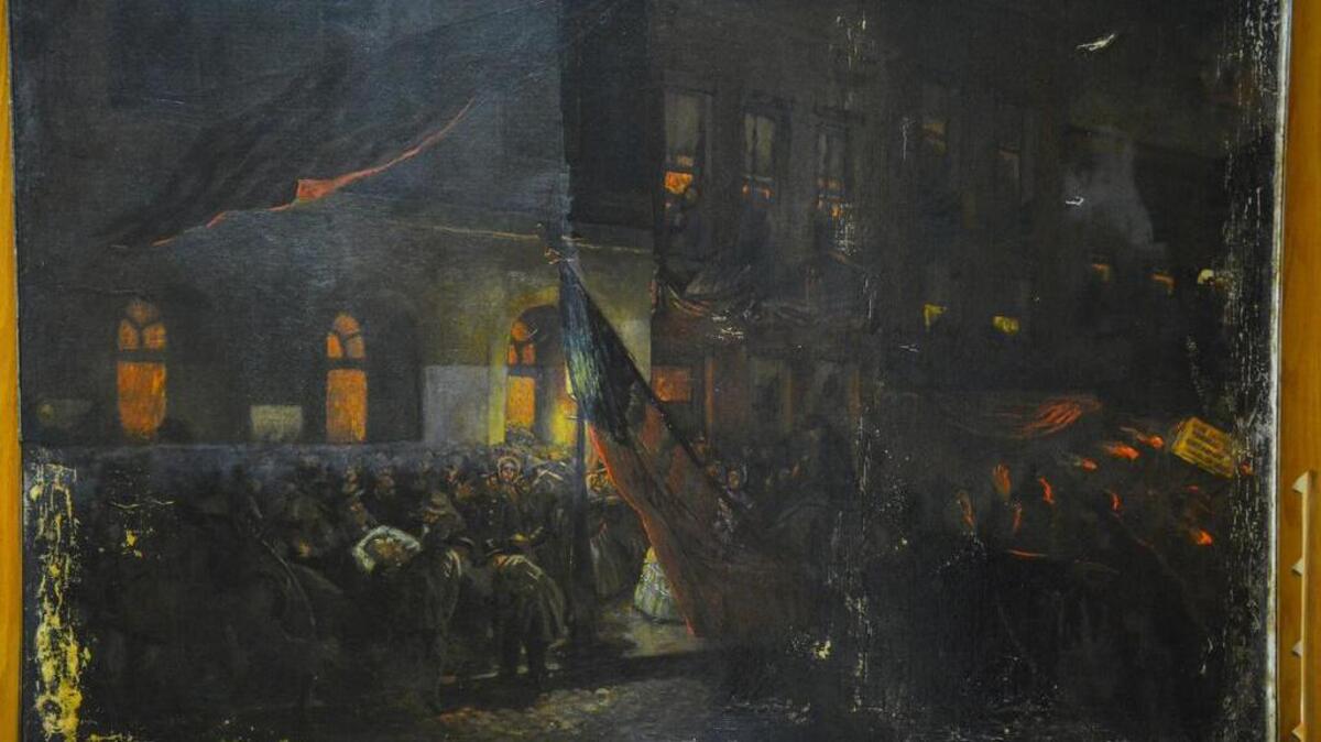 
This little known 1865 painting of the Abraham Lincoln assassination by an eyewitness, Carl Bersch, is being restored at the studio of David Olin in Great Falls, Va.
