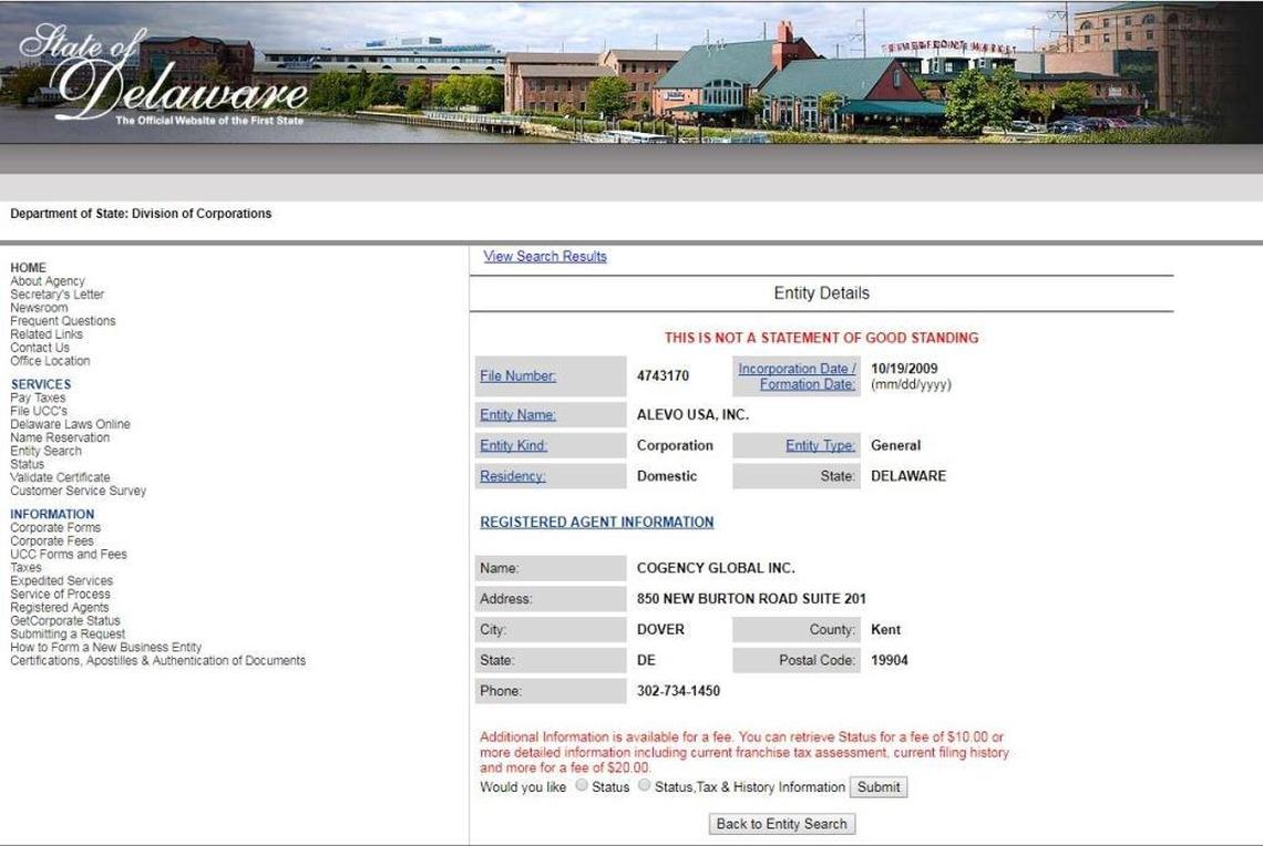 This screenshot shows the original registration of Alevo USA in Delaware, a U.S. state often criticized by foreign countries as a tax haven because of its minimal public disclosure requirements.