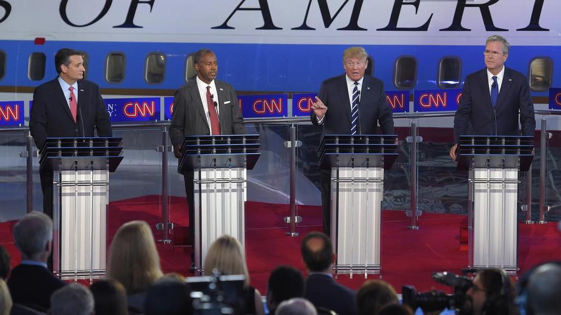 
Republican presidential candidates Ted Cruz, left, Ben Carson, second from left, Donald Trump, second from right, and Jeb Bush appear during the CNN Republican presidential debate at the Ronald Reagan Presidential Library and Museum on Wednesday, Sept. 16, 2015, in Simi Valley, Calif. 
