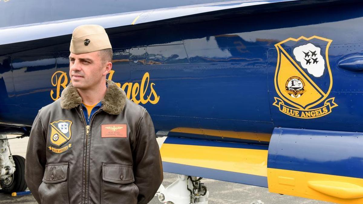 This May 19, 2016, photo shows Marine Capt. Jeff Kuss at an air show in Lynchburg, Va. A Blue Angels F/A-18 fighter jet crashed Thursday, June 2, near Nashville, Tenn., killing the pilot just days before a weekend air show performance, officials said. A U.S. official said the pilot was Kuss.