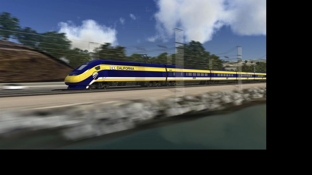 
FILE - This image provided by the California High Speed Rail Authority shows an artist's rendering of a high-speed train speeding along the California coast. 
