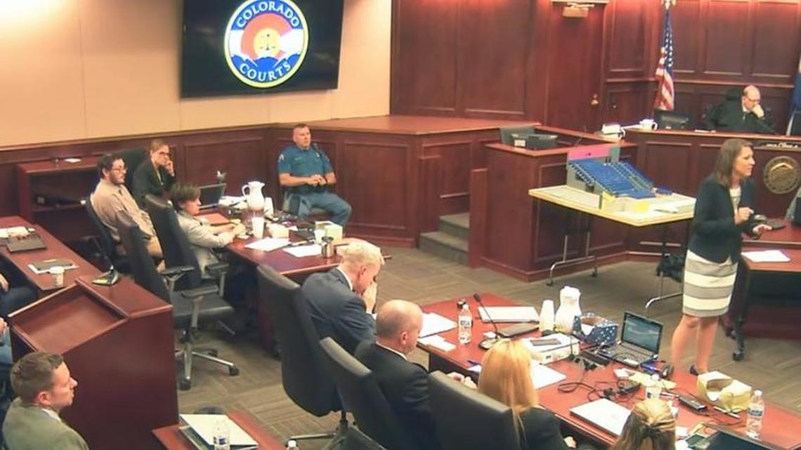 
In this image taken from video, defense attorney Tamara Brady, right, gestures during closing arguments in the sentencing phase of the James Holmes trial, in Centennial, Colo., Thursday. Holmes sits second from left in a light shirt.
