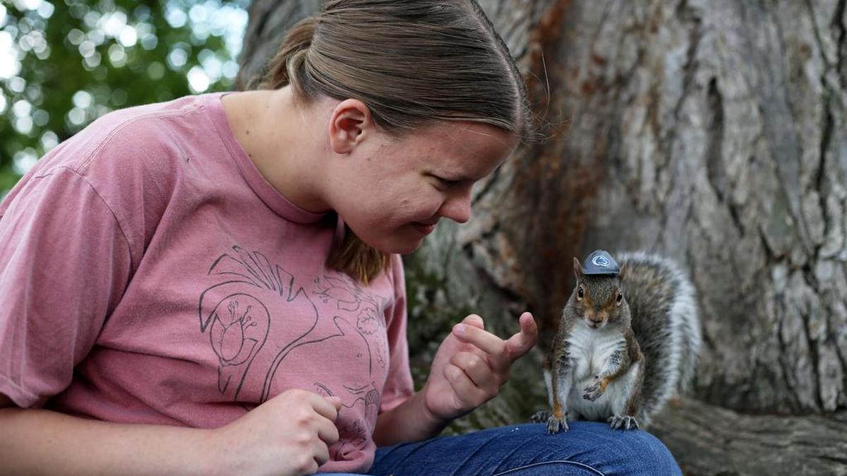 Penn State senior Mary Krupa puts a Penn State hat on “Sneezy” the squirrel on Old Main Lawn Wednesday, Sept 28, 2016.