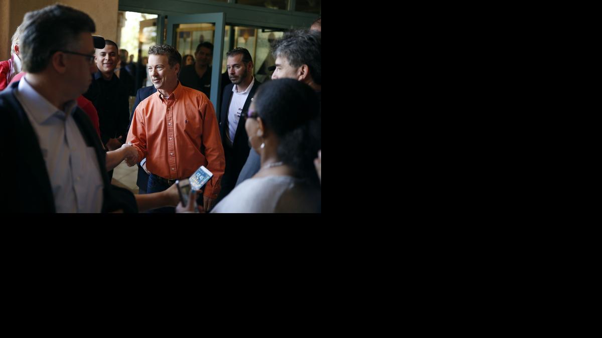 
Republican Presidential candidate Sen. Rand Paul, R-Ky., greets a supporter after a rally Saturday, April 11, 2015, in Las Vegas. 
