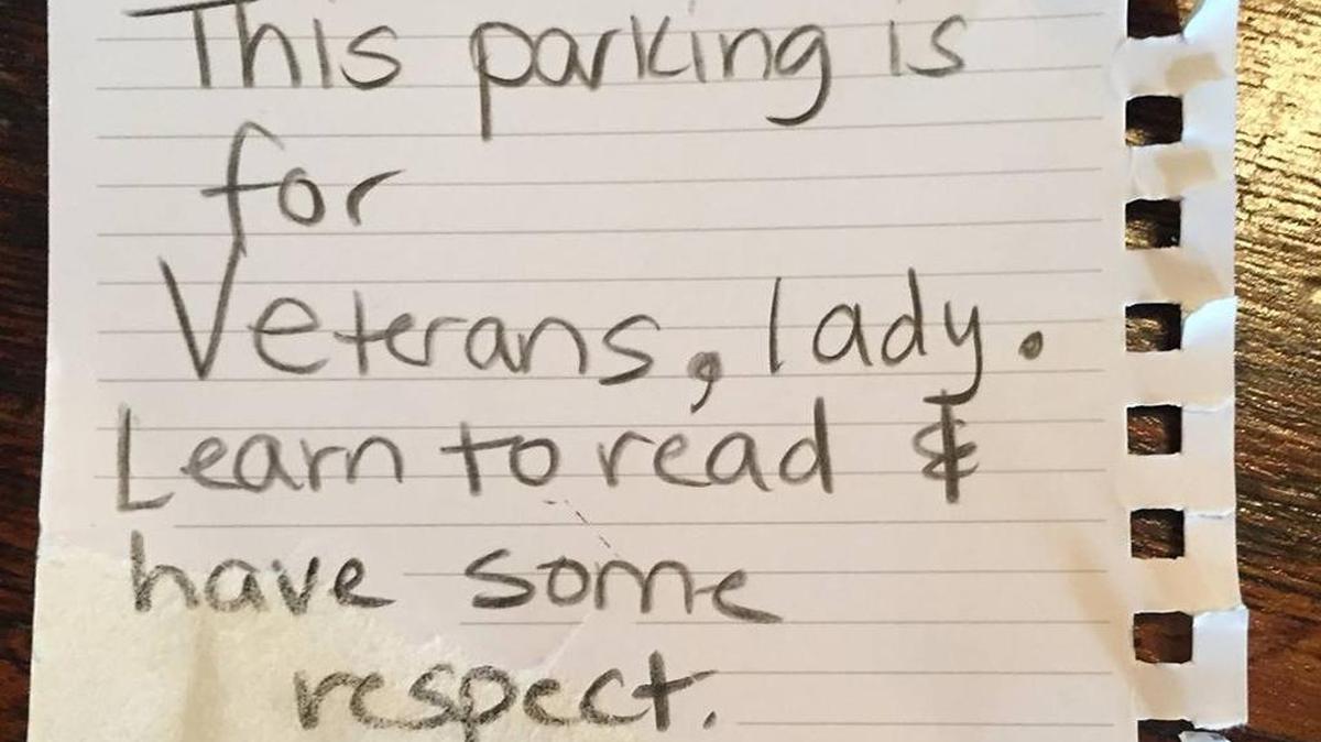 The note that Concord, NC, resident and U.S. Navy veteran Rebecca Hayes found on her car after parking in a veteran spot at Harris Teeter.