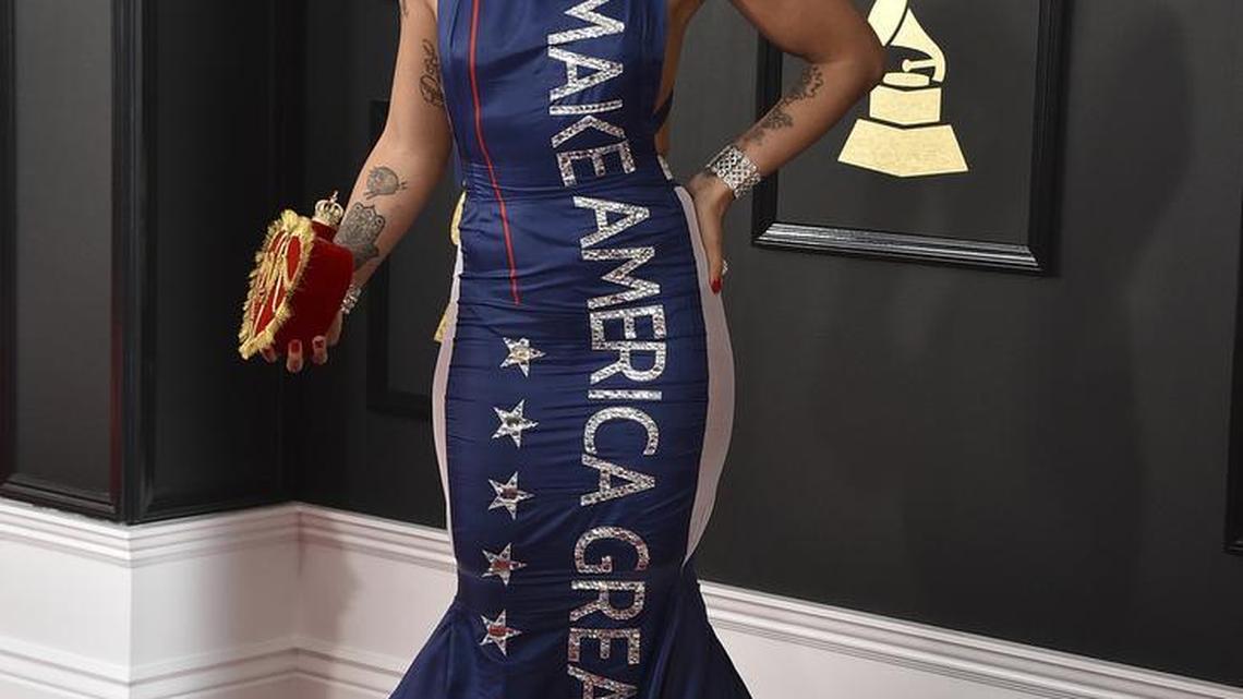 Joy Villa wears a gown that says "Make America Great Again" at the 59th annual Grammy Awards Sunday, Feb. 12, 2017, in Los Angeles.