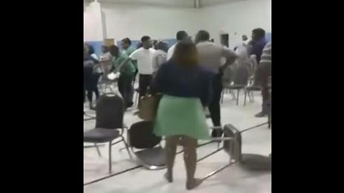 Chairs were toppled in a brawl at Greater Bellevue Baptist Church in Macon, Georgia, on May 1, 2017.