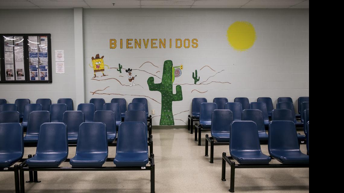
An intake waiting room at the Karnes County Residential Center that houses people who were caught crossing the border illegally seeking asylum in the U.S., in Karnes City, Texas, May 15, 2015. 
