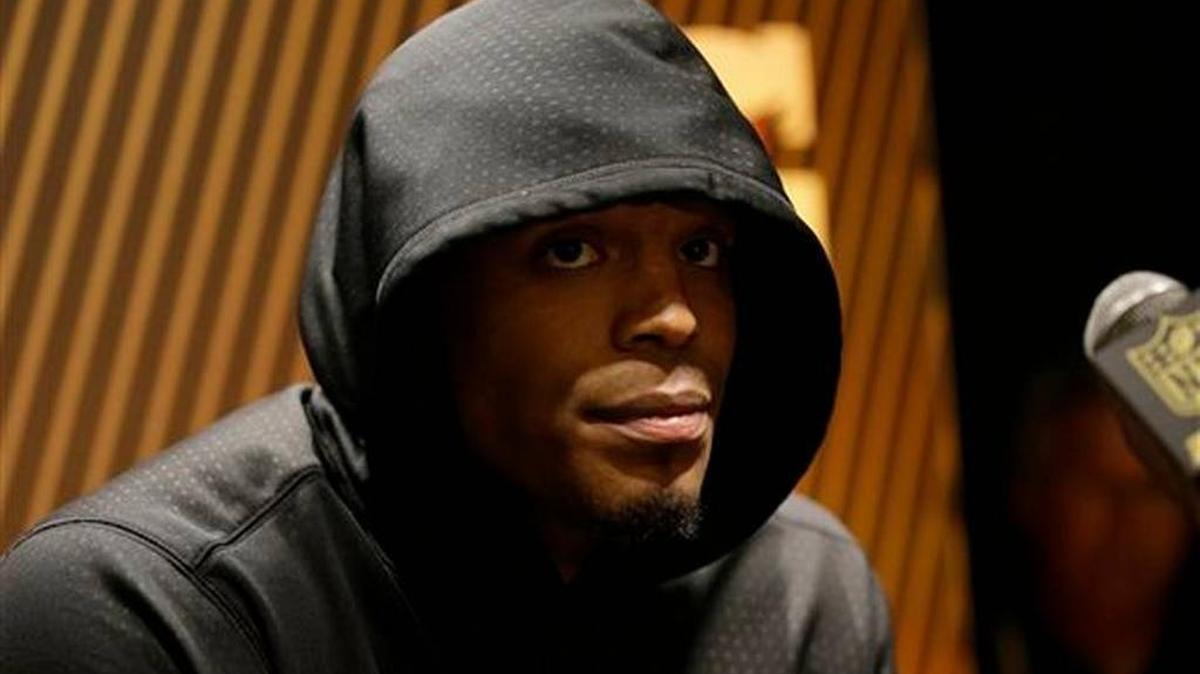 Carolina Panthers’ Cam Newton answers questions after the NFL Super Bowl 50 football game against the Denver Broncos Sunday, Feb. 7, 2016, in Santa Clara, Calif. The Broncos won 24-10.