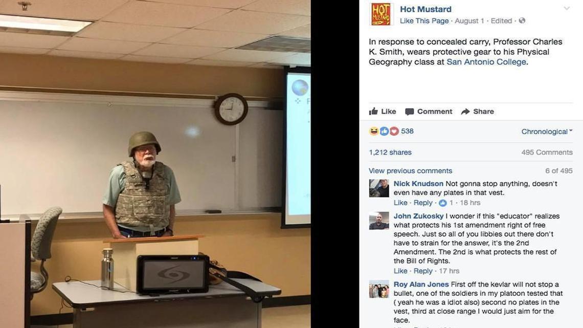 Charles K. Smith, a geography instructor at San Antonio College in Texas, wore protective gear to class on Tuesday to protest the state’s new Campus Carry law.