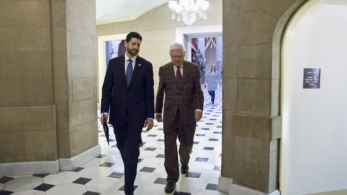 Speaker of the House Paul Ryan, R-Wis., left, and Appropriations Committee Chairman Hal Rogers, R-Ky., return to Ryan's office after passing the omnibus bill, at the Capitol on Friday, Dec. 18, 2015. The House easily passed a $1.14 trillion spending bill to fund the government through next September, capping a peaceful end to a yearlong struggle over the budget, taxes, and Republican demands of President Barack Obama.