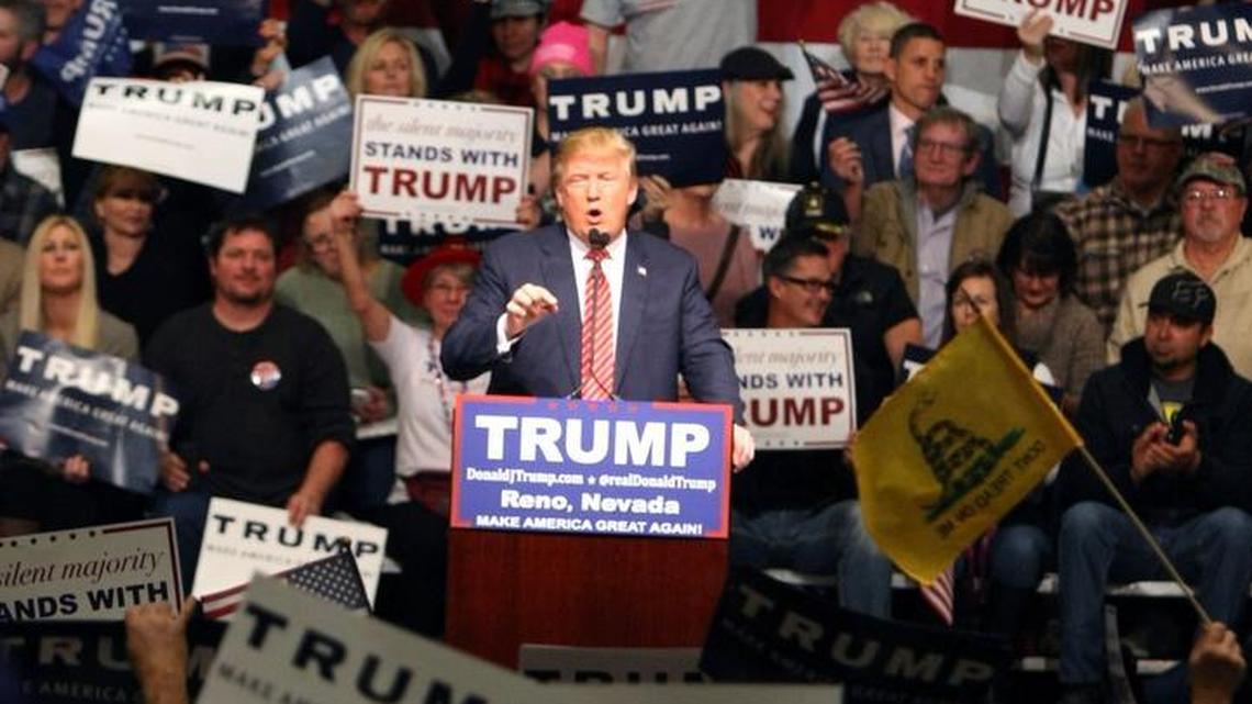 Republican presidential candidate Donald Trump speaks during a rally at the Reno Ballroom and Museum in Reno. He’ll be at center state at Thursday’s main GOP debate in South Carolina.