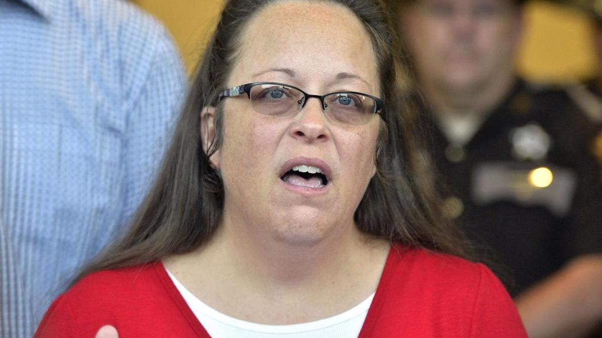 Rowan County, Ky., Clerk Kim Davis speaks in Morehead, Ky. Davis, the Kentucky clerk who spent five days in jail for defying federal court orders and refusing to license same-sex marriage, will have a seat at the president's final State of the Union.