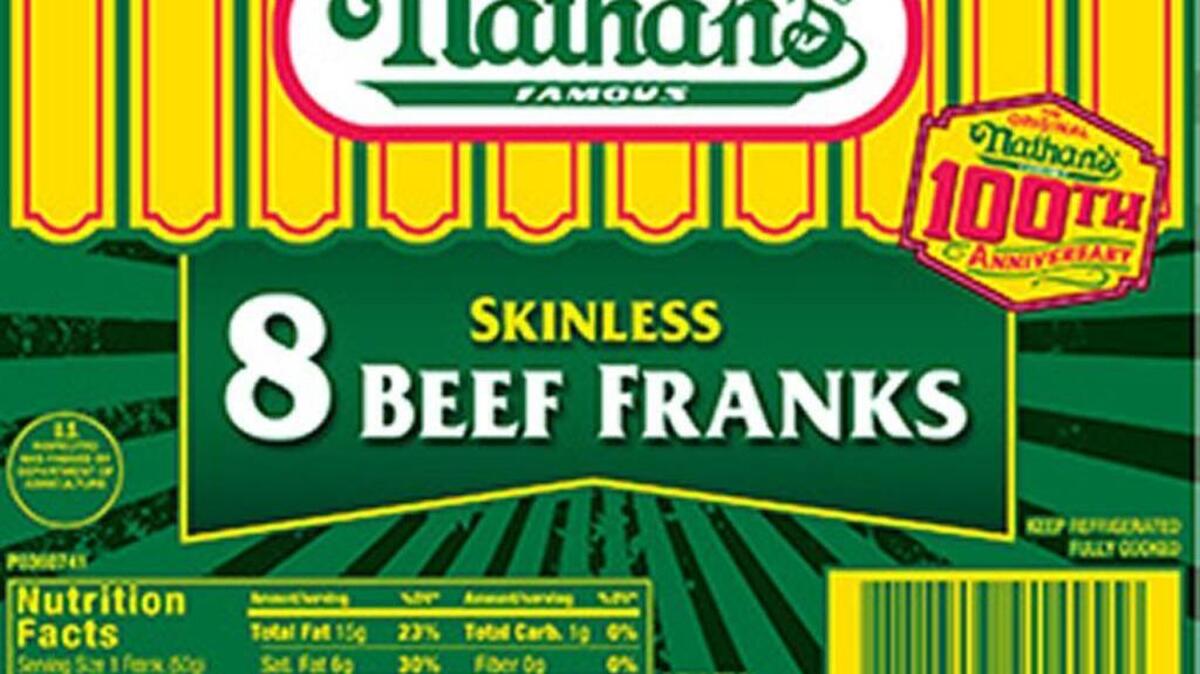 The recall includes “Nathan’s SKINLESS 8 BEEF FRANKS.”