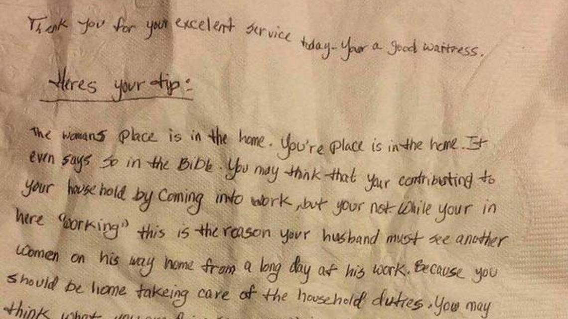 The note above was left at a Cracker Barrel for a waitress in lieu of a monetary tip. The woman said it left her “a bit heartbroken.”