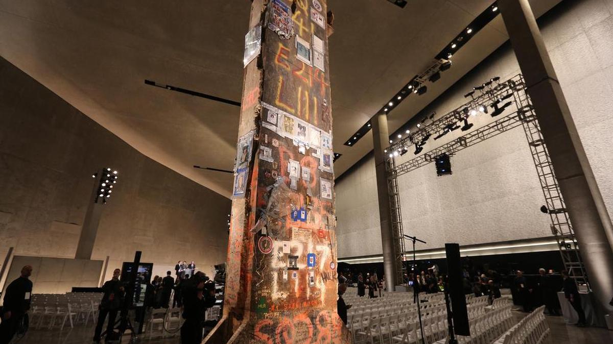 
A steel beam from the World Trade Center stands at the center of the National September 11 Memorial Museum’s Foundation Hall before the New York City museum’s May 15, 2014, dedication ceremony. 
