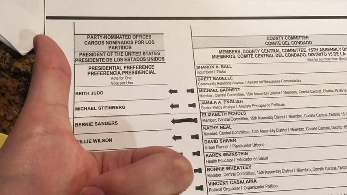 This June 7, 2016, photo provided by Taylor Huckaby of California, shows Huckaby’s election ballot. Ballot selfies, where people use smartphones to photograph and share their marked ballots online, are becoming more common, as voters young and old look to share their views with family, friends and the world. But what they don’t realize is they may be breaking the law, depending on where they live.