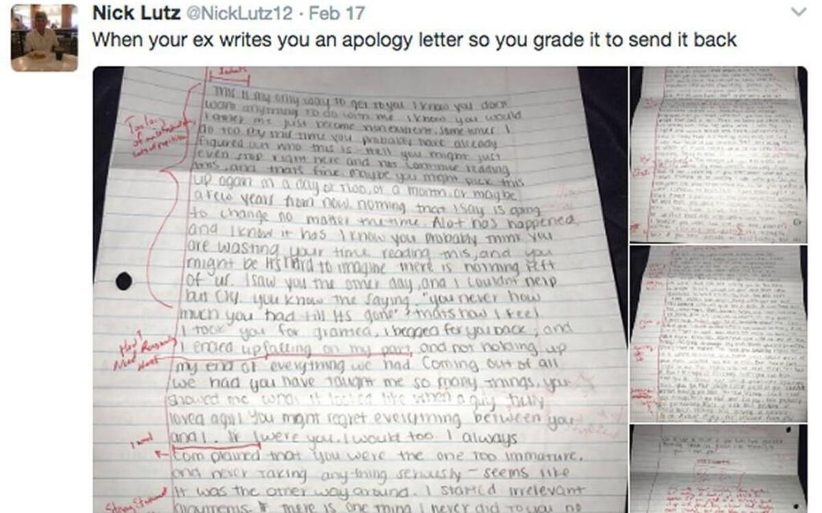 When Nick Lutz’s ex-girlfriend wrote him a lengthy letter of apology after their break-up, he grabbed a red pen.